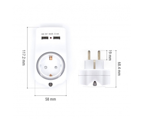 Adaptador de pared welly enjoy 1 toma schuko 16a con luz nocturna soporte para telefono 2 puertos usb indicador led blanco WY13030