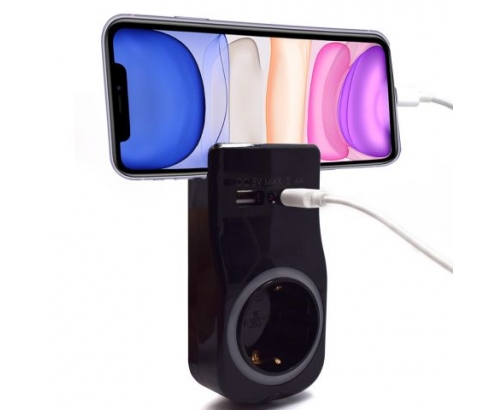 Adaptador de pared welly enjoy toma schuko 16a con luz nocturna 2puertos usb indicador led soporte telefono negro WY13031
