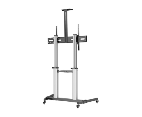 AISENS Soporte de suelo PRO con ruedas, bandeja para DVD y soporte de cámara para Monitor/TV 100Kg de 60-100, Negro-Plata