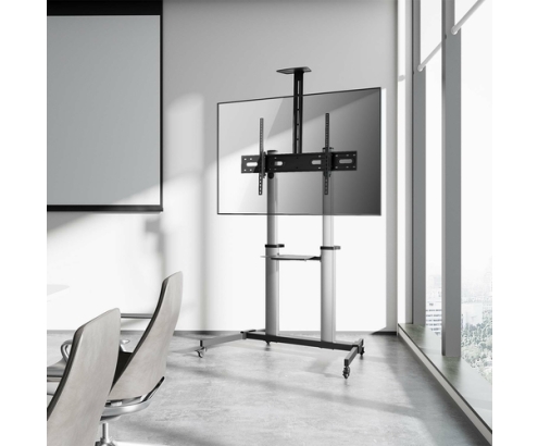 AISENS Soporte de suelo PRO con ruedas, bandeja para DVD y soporte de cámara para Monitor/TV 100Kg de 60-100, Negro-Plata