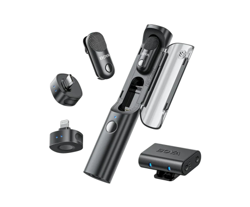 Boya Magic-01 USB-C + Lightning + 3.5 Mm TRS) RX + Soporte de escritorio omnidireccional inalámbrico 4 en 1 con IA y estuche de carga