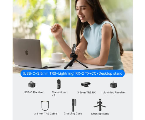 Boya Magic-01 USB-C + Lightning + 3.5 Mm TRS) RX + Soporte de escritorio omnidireccional inalámbrico 4 en 1 con IA y estuche de carga