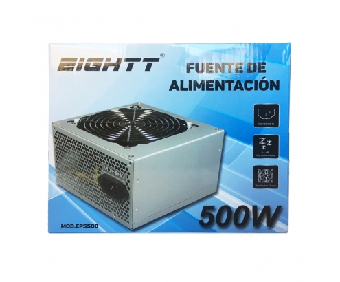 Eightt Fuente de Alimentación 500W. Ventilador silencioso de 12 cm. 1 x ATX 20+4 pines, 1 x EPS/ATX 12V 4 pines, 4x SATA, 2x Molex