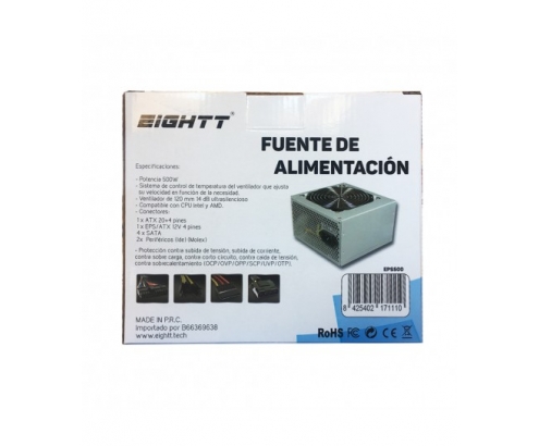 Eightt Fuente de Alimentación 500W. Ventilador silencioso de 12 cm. 1 x ATX 20+4 pines, 1 x EPS/ATX 12V 4 pines, 4x SATA, 2x Molex