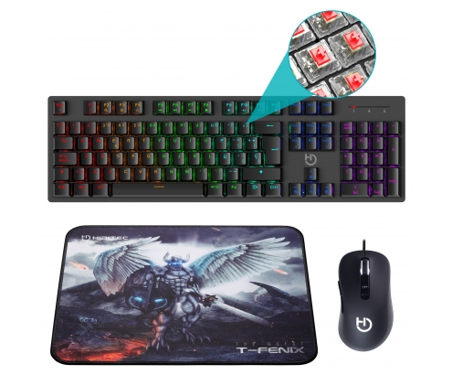 Hiditec Teclado gaming mecanico GK400 usb + Raton gaming Blitz + Alfombrilla T-Fenix Negro
